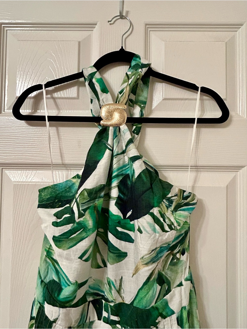 A. Peach Tropical Leaf Halter Wide Leg Jumpsuit with Pockets - Picture 6 of 11